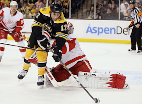 Milan Lucic trying to get by goalie Jimmy Howard