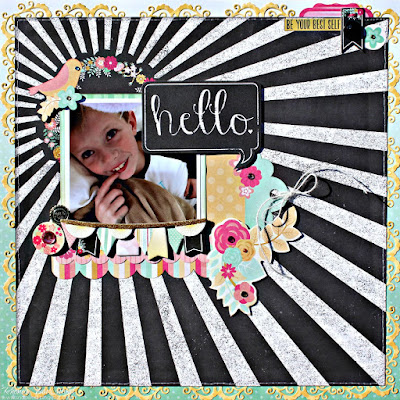 Hello scrapbook page featuring the You're Invited collection by BoBunny designed by Rhonda Van Ginkel