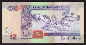Belize money currency 2 Dollars banknote 2002 Maya ruins of Belize