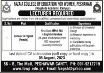 Jobs in Fazaia College of Education For Women