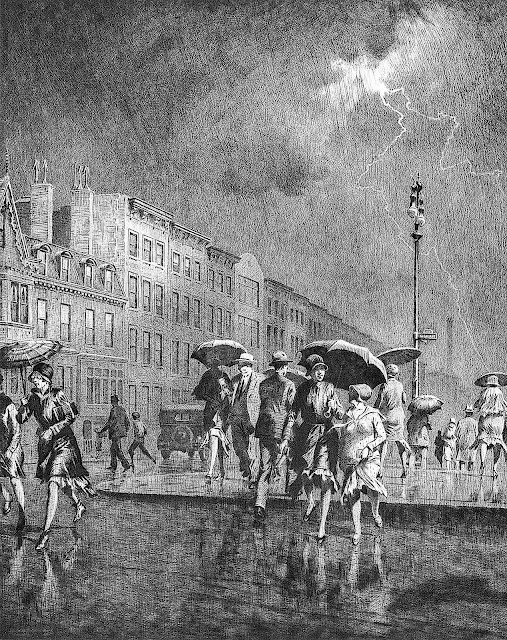 a 1920s  Martin Lewis print of urban pedestrians in a rain storm