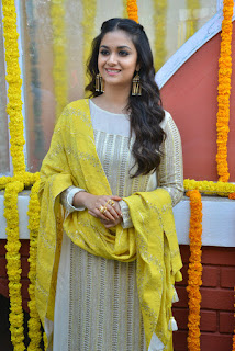 Keerthy Suresh in White Dress with Yellow Dupatta