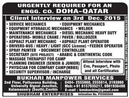 Urgent Job Vacancies for Engg Co in Doha Qatar 