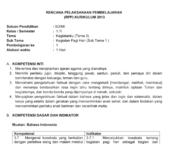 Download contoh file RPP Kelas 1 Tema 3 Kegiatanku Subtema 1 2 3 4 Kurikulum 2013 Revisi 2018 