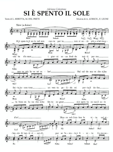 Adriano Celentano - SI E' SPENTO IL SOLE - accordi, testo e video, KARAOKE, MIDI, pianoforte, spartito