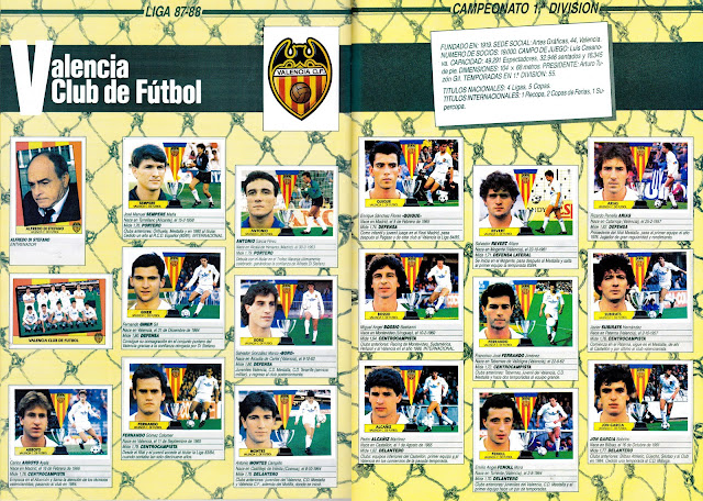 VALENCIA C. F. Temporada 1987-88. Escudo. Alfredo Di Stéfano (entrenador), Sempere, Antonio, Quique, Revert, Arias. Equipo, Giner, Voro, Bossio, Ferrando, Subirats. Arroyo, Fernando, Montes, Alcañiz, Fenoll, Jon García. Álbum de cromos LIGA 87-88, Colecciones Este.