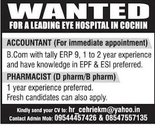 Accountant,Pharmacist for a Hospital in Cochin