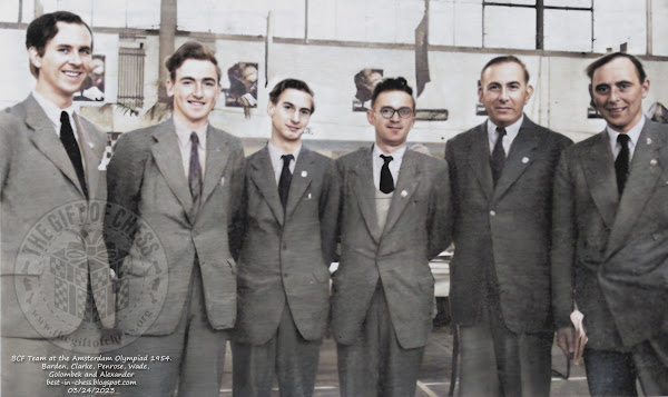 The British Chess Federation Team at the Amsterdam Olympiad 1954. Barden, Clarke, Penrose, Wade, Golombek and Alexander.