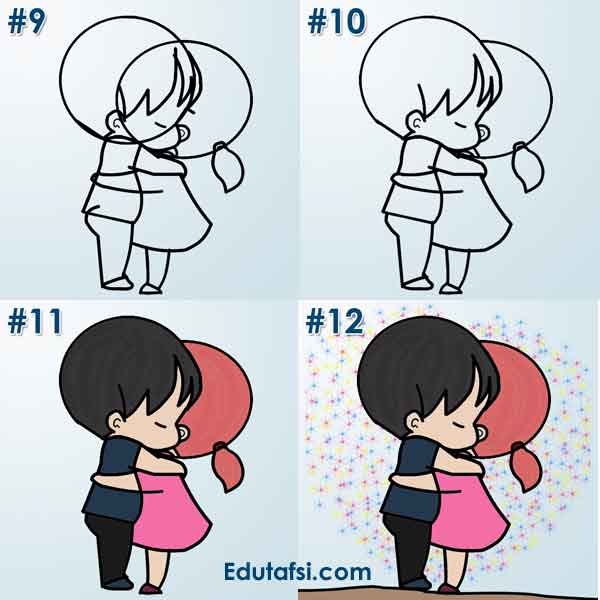 CARA MENGGAMBAR KARTUN  CHIBI COUPLE BERPELUKAN STEP BY STEP