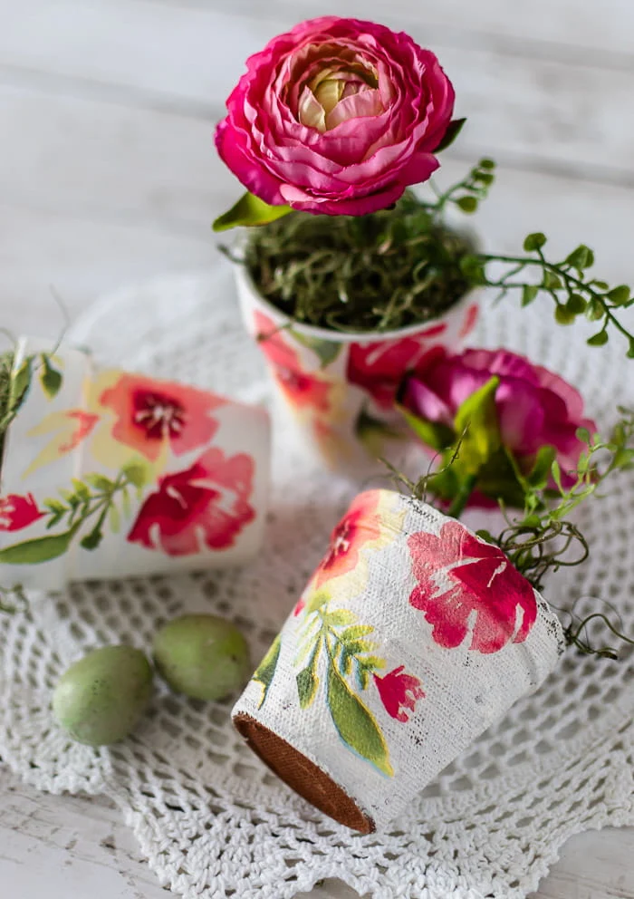 floral decoupage flower pots in pink and yellow