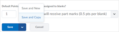screenshot of the drop down option on the save button that includes save and new and save and copy options for question creation