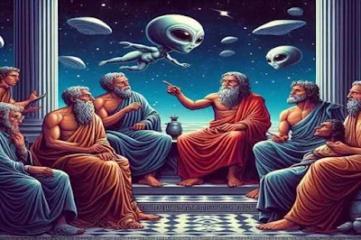Imagem ilustrativa de vários pensadores gringos e Aliens cinzas.