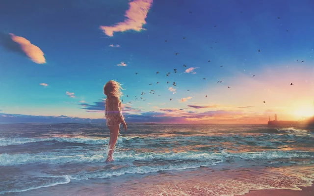 Girl Beach Morning Sunrise Digital Art Dreamy and Fantasy wallpaper. Click on the image above to download for HD, Widescreen, Ultra HD desktop monitors, Android, Apple iPhone mobiles, tablets.