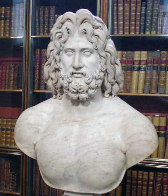 Testa colossale romana in marmo di Zeus dai capelli lunghi, II secolo d.C