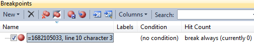 view breakpoints window in ssms