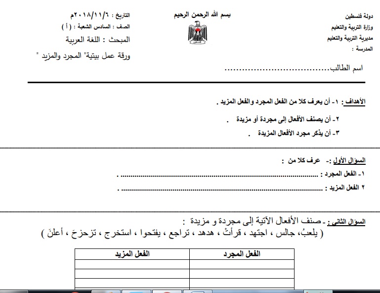 ورقة عمل لدرس المجرد والمزيد للصف السادس الفصل الأول