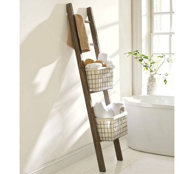 rustic ladder bathroom storage wire basket towel