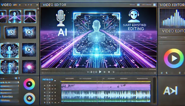 futuristic holographic video editor interface you envisioned, featuring a dynamic preview window