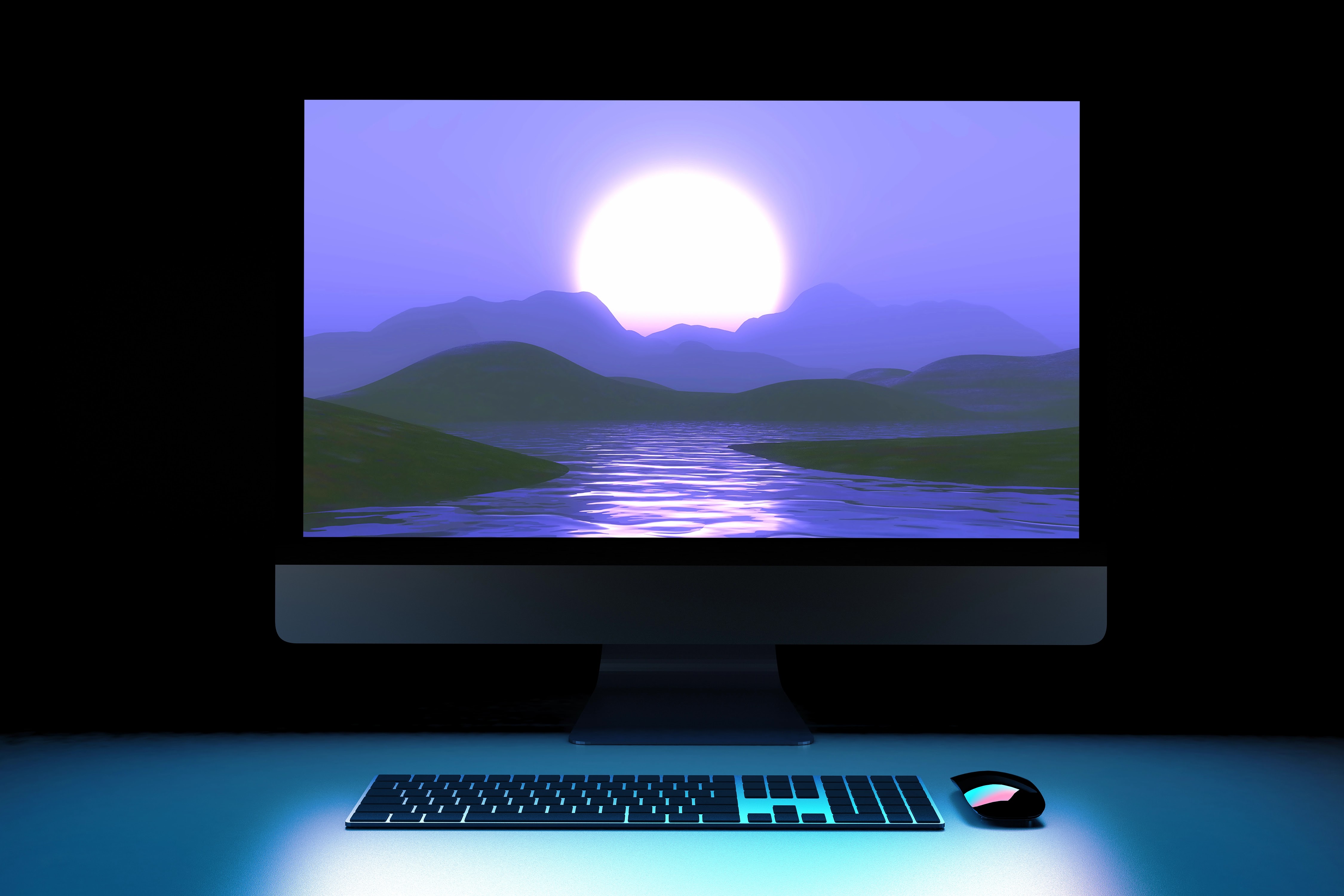 3d mountains and lake against a purple sunset sky background wallpaper 4k for pc desktop and laptop