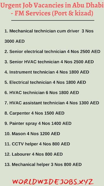Urgent Job Vacancies in Abu Dhabi - FM Services (Port & kizad)