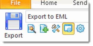 Screen shot of MessageExport toolbar in Microsoft Outlook with "Export to EML" selected in drop down list.