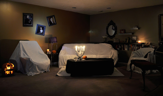 Halloween Party Ideas, white sheets over furniture, coffin table