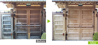 環境対応型特殊洗浄G-Eco工法でカビ汚れ日焼けの数寄屋門の施工裏側