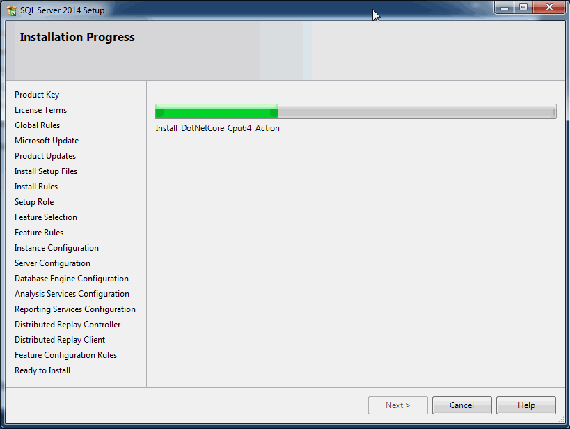 Progreso de programa de instalación de SQL Server 2014