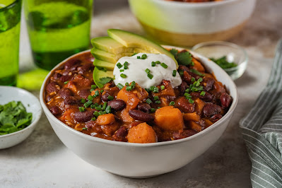 red bean chili with sweet potato and avocado