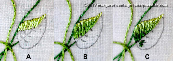 Progressing through the stages of stitching a leaf. (Society Silk Violets)