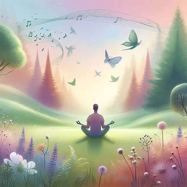 Une personne assise en méditation dans un champ fleuri, entourée de papillons, d'oiseaux et de notes de musique flottantes, représentant la paix intérieure et l'harmonie avec la nature.