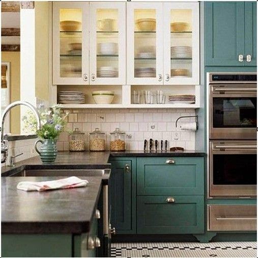 turquoise kitchen cabinets with glass