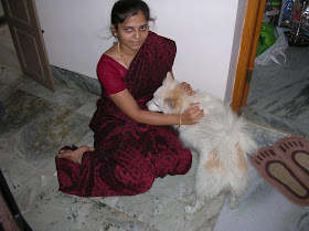A Very beautiful and homely looking Tamil girl in saree playing with her pet dog.