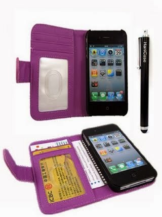 Hanicase Wallet Leather Case Credit ID Card slot Holder Cover Pouch For iPhone 4 4S Purple With Hanicase Design Stylus Pen
