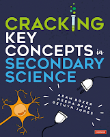 Image of the front cover of Cracking Key Concepts in Secondary Science. It is dark blue and has stylised images of an orange nerve cell, and two plugs. The I in Cracking is a test tube