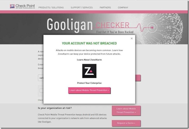 La page de Check Point pour vérifier que vous n'avez pas été infecté par Gooligan