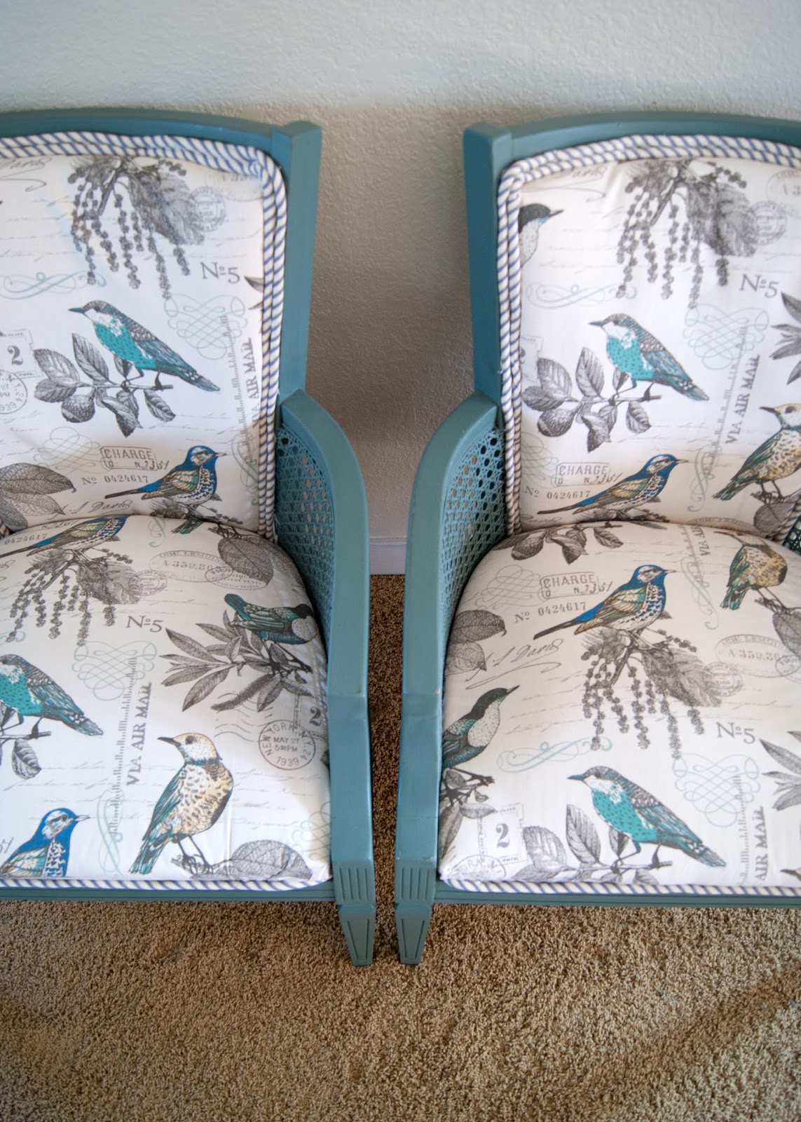 Chair Upholstering 101 - the unprofessional guide to giving a chair a makeover - caned chairs, mattress ticking, bird fabric