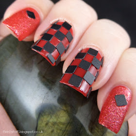 Red and black checkered nail art using square matte glitters from born pretty store.