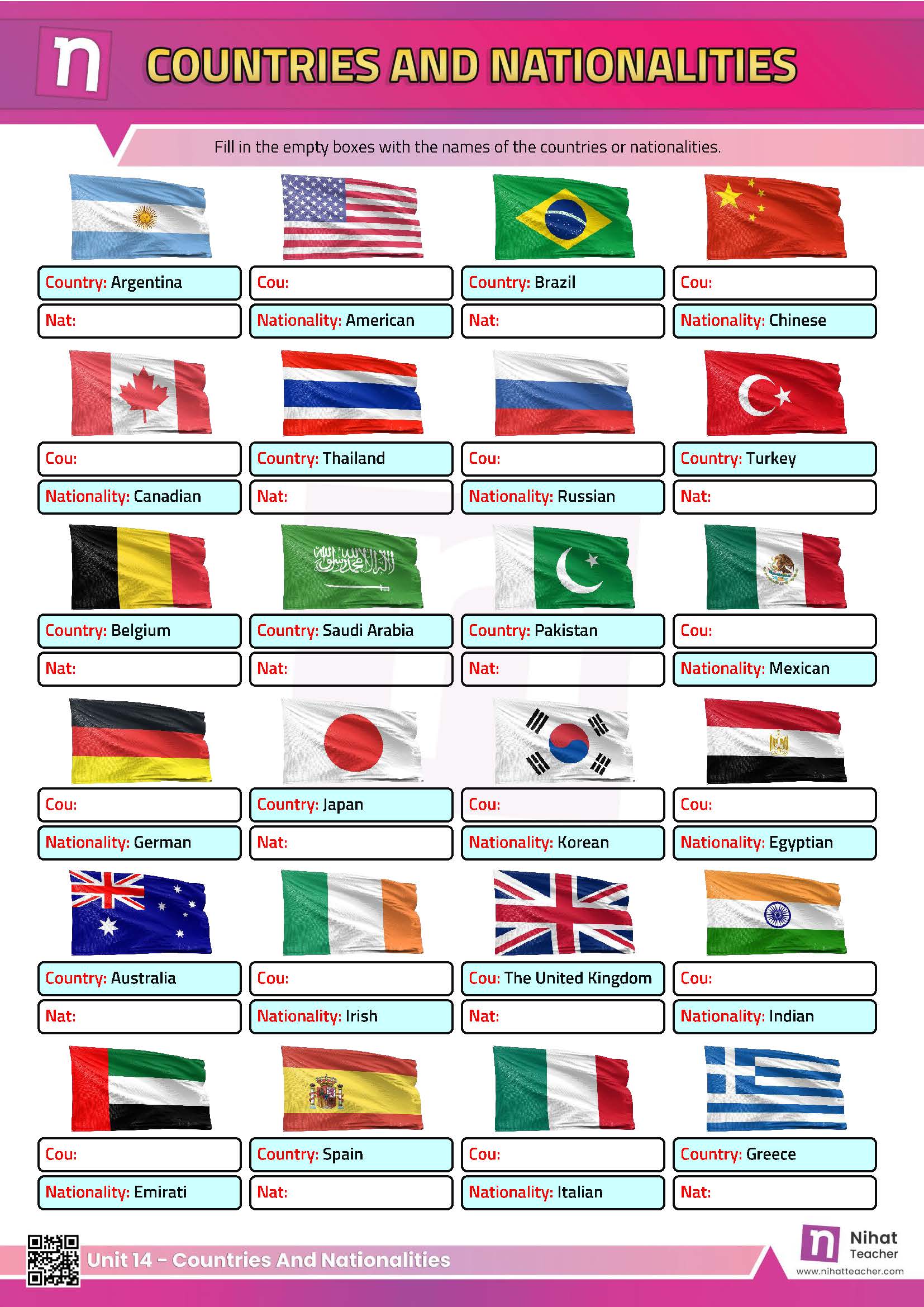 Countries, nationalities and languages in English.  Practise English Vocabulary. A worksheet test about countries, nationalities and languages in English.   #download#Click here to download a printable PDF worksheet about countries, nationalities and languages in English.  Search this site to find more about countries, nationalities and languages in English.