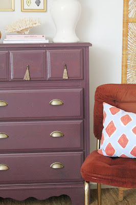 luxe purple dresser with tassel and brass pulls