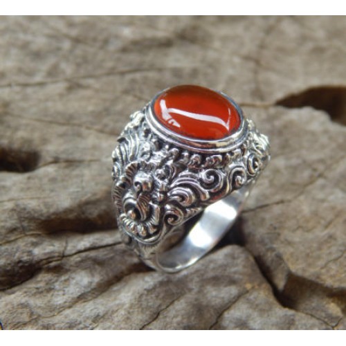  Cincin  perak motif ukir bali patra batu cornelian 