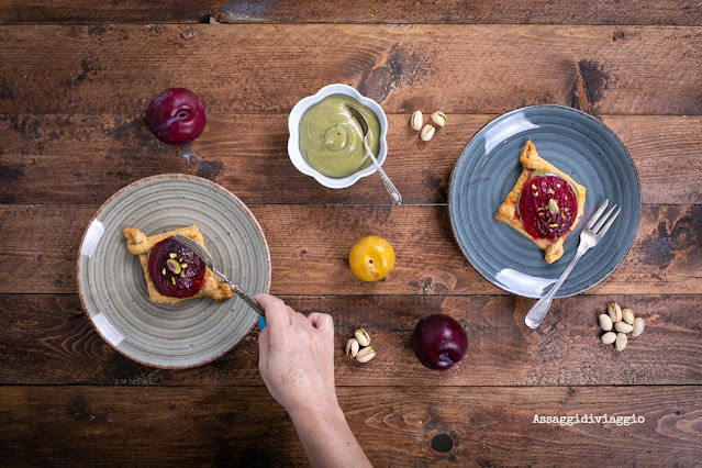 Plum and pistachio custard pastries