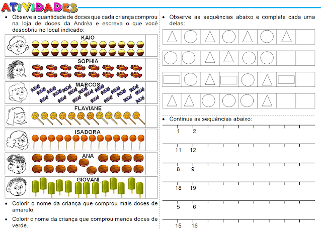 Atividades com números figuras planas e sequência