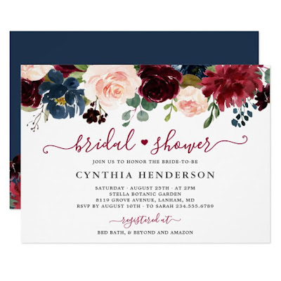  Burgundy Bloom Floral Navy Blue Bridal Shower Invitation