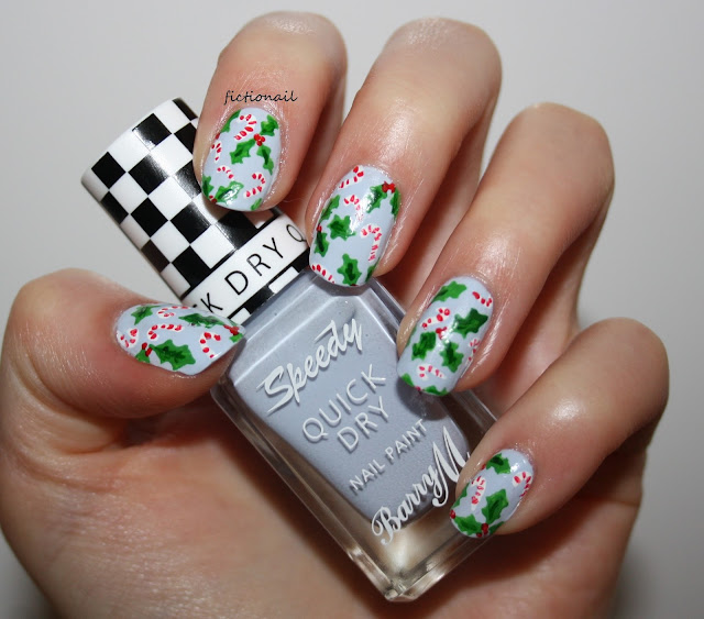 Christmas Holly And Candy Cane Nail Art