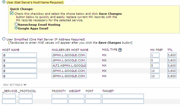 Custom MX records in Namecheap