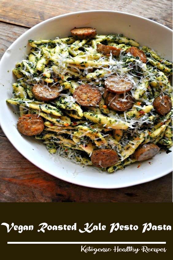 Roasted garlic and kale pesto tossed with pasta and vegan sausage. Oil free and delicious!