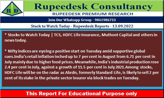 Stock to Watch Today - Rupeedesk Reports - 13.09.2022