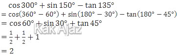 Menentukan nilai trigonometri di berbagai kuadran, cos⁡ 300° +sin⁡ 150° − tan⁡ 135°