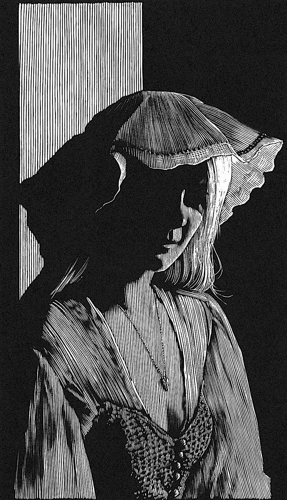 a Barry Moser woodcut illustration of a smiling woman